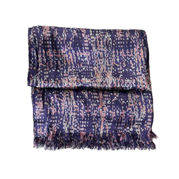 Italian Silk Scarf Multi-color Abstract Pattern on Indigo Fringe Edge 76x16 NWOT